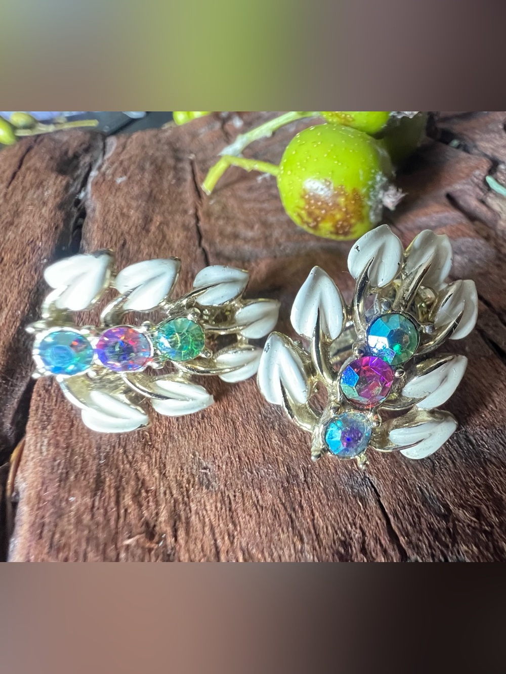 Jewelcraft Costume AB Earrings Gold-Tone White Enamel Leaf Aurora Crystal